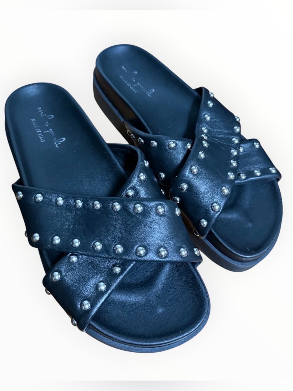 Mila Paoli Made in Italy Black Studded Crisscross Slide Sandals size 39